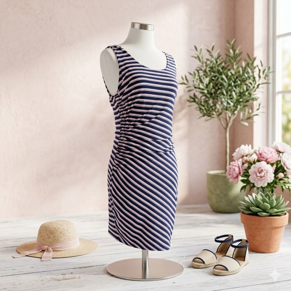LoveRiche NWT Navy White Striped Ruched Asymmetrical Tank Dress Size M